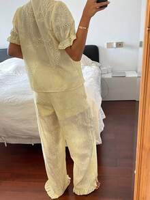DAZY Women's Hollow Embroidery Front Lace-Up Short Sleeve Top And Pants Pajama Set - Yellow - View 2
