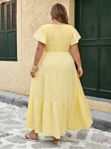 SHEIN CURVE+ Plus Size Women's Butter Yellow Romantic 1950s Vintage Traditional 1920s Spring Ruffle Pink Mid Length Skirt, Bohemian Style, Summer Dress, Vacation - Yellow - View 3