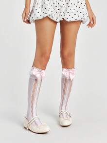 ROMWE Kawaii 女款瑪莉珍式包頭小皮鞋 米色套腳樂福鞋 軟底 日系JK制服鞋 方頭蝴蝶結芭蕾舞鞋 - 米色+蕾絲 - 查看 2