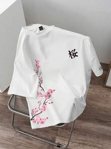 Manfinity EMRG 男士花卉印花休閒百搭圓領短袖T恤，度假風 - 白色 - 查看 5