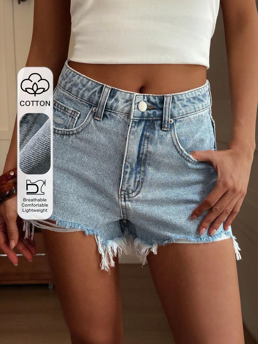 DAZY Women's Summer Frayed Hem Casual Denim Shorts - Light Wash - View 1