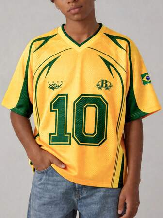 Street Life World Cup Teen Boy Spring/Summer Casual Graphic V-Neck, Digital Number Print, Collegiate Style