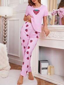 SHEIN Casual Underwear&Sleepwear 女款圓領草莓印花短袖上衣與長褲休閒日常睡衣套裝 - 彩色 - 查看 5