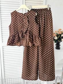 SHEIN 青少年女孩 2件組 棕色波點無袖背心上衣 寬鬆休閒寬腿褲 夏季套裝 畢業海灘度假派對穿搭 - 黃色 - 查看 4