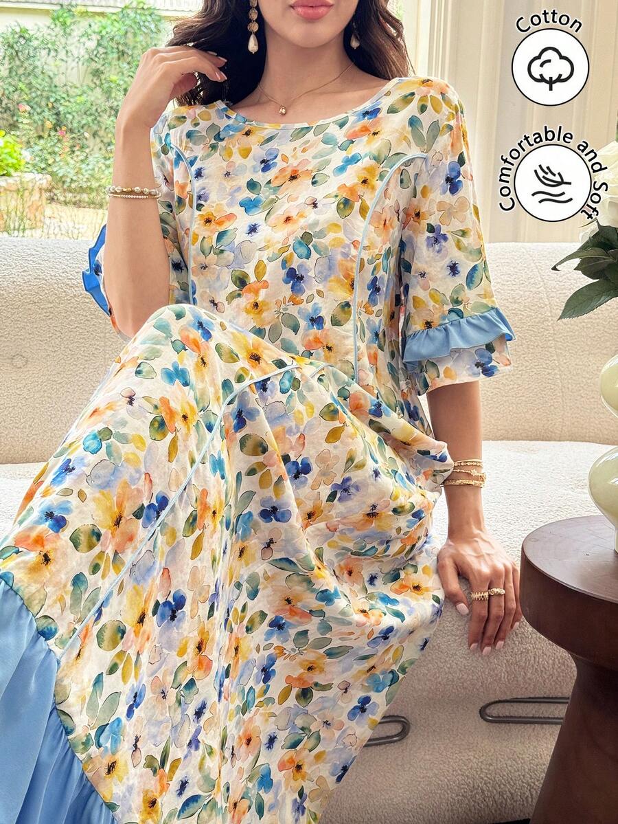 Al Najma 圓領藍色花卉印花阿拉伯式洋裝