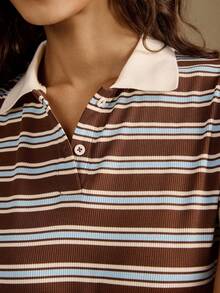 Briarwyn 女款夏季 Polo 領條紋短袖 2000 年代復古休閒 T 恤 開學季早午餐棕色條紋 辦公室 日常穿搭 - 彩色 - 查看 2