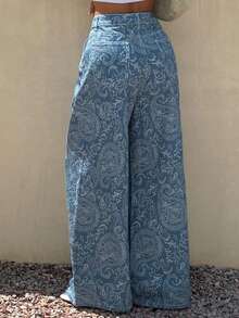 Livesso Summer Floral Print All-Over Print Casual Sexy Boho Loose Straight Leg Long Pants Women's Jeans Vacation White Swimming - Blue - View 6