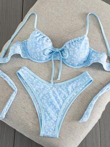 Swim Mod New Lemon Yellow Textured Bikini, Bow Knot Front, Underwire Support & High Leg Beach Swimwear - Blue - View 6