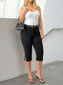 SHEIN Plus High Waist Elastic Black Bermuda Date Night Vacation Summer - Black - View 1
