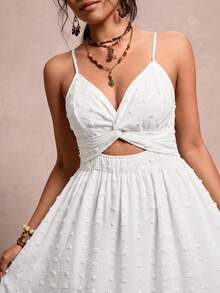 SHEIN VCAY Plus Size Women Textured Ruched Cutout Slit Front Cami Dress For Vacation - White - View 7