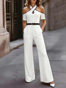 Balvessa Women's Summer Versatile Contrast Color Trim Open Shoulder Jumpsuit - White - View 8
