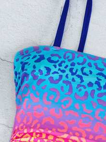 Swim Lushoire Women's Gradient Leopard Print Tankini 2-Piece Swimsuit, Adjustable Spaghetti Strap, Ruched Tummy Control Top, Solid Color Triangle Bottoms, Blue To Pink Gradient Beach Pool Vacation Swimwear - Multicolor - View 5