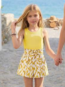 Emery Rose Kids Emery Rose Kids 少女奶油黃白色背心花卉短褲腰帶休閒熱帶風2件套，適合外出、度假、運動、夏季度假 - 黃色 - 查看 3