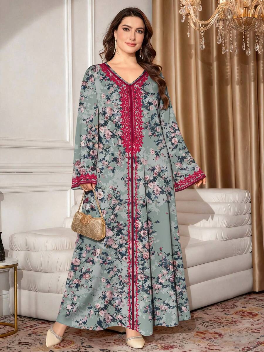 SHEIN Najma 復古玫瑰與玫瑰粉蕾絲印花灰綠大尺碼洋裝,女裝時尚V領長袖洋裝,優雅阿拉伯風格服飾,春夏優雅長版最大洋裝 - 彩色 - 查看 1
