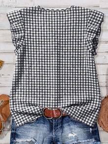 SHEIN Clasi Women's Plaid Button V-Neck Ruffle Cuff Blouse - Black and White - View 2