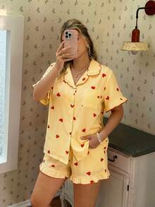 CottageSlumber Pink Heart Print Ruffle Collar Button-Up Short Sleeve Shorts Pajama Set Plus Size - Yellow - View 5
