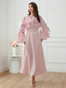 Veilorie Vestido de fiesta árabe elegante para mujer con diseño de chal, patrón floral de lentejuelas y cintura ceñida - Rosa - Ver 4