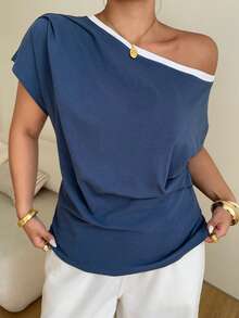 Dazy Plus Camiseta de manga corta con hombros descubiertos y fruncido en color block para mujer talla grande, azul, primavera/verano - Azul - Ver 5