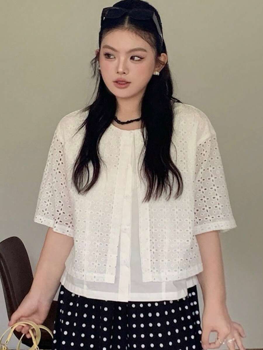 Dazy Plus Plus Size Women's White 2 In 1 Hollow Out Short Sleeve Blouse, Summer New Design Unique & Special High-End Style Top Shirt Cute Tops - White - View 1