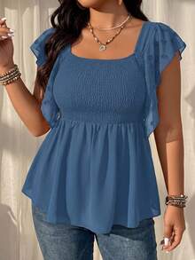 EMERY ROSE Plus Size Women Loose Casual Blouse With Flared Sleeves - Blue - View 4