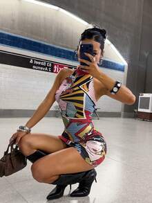 StreetHx Hot Girl Retro Print Halter Neck Bodycon Mini Dress - Multicolor - View 5