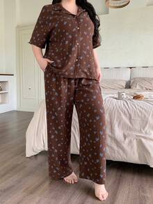Dazy Plus Floral Textured Chiffon Fabric Loose Short Sleeve Top And Long Pants Pajama Set, Plus Size, Brown, Spring/Summer - Brown - View 6
