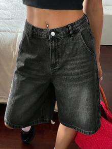 SHEIN Teen Girls Blue Denim Loose Wide Leg Shorts - Black - View 3