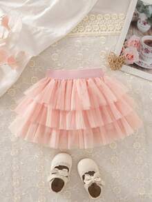 SHEIN Elladie kids 女婴玫瑰红色网眼喇叭中长裙、派对礼服、节日道具、拍照配件 - 淺粉色 - 查看 2