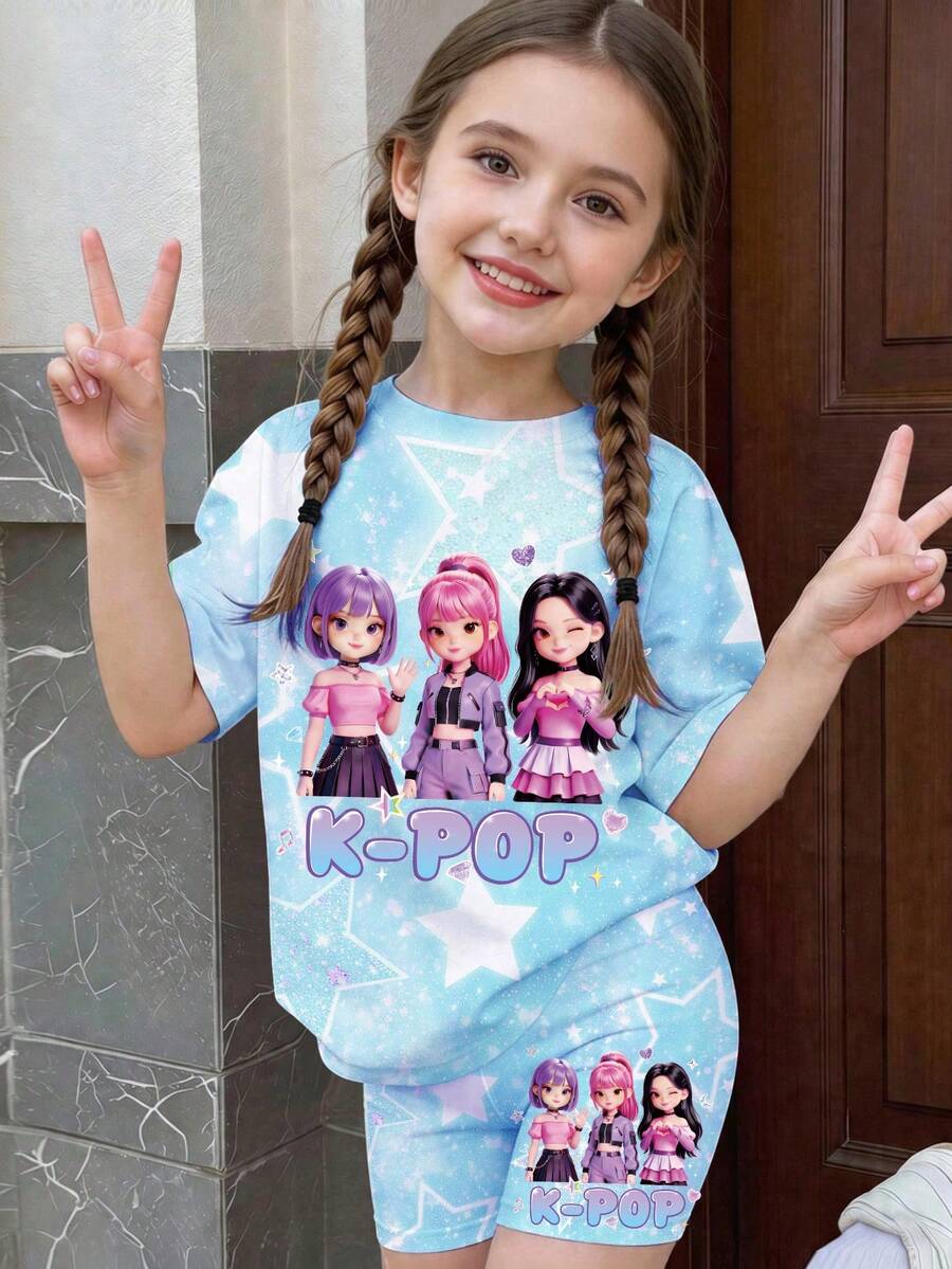 Young Girl Round Neck Letter Cartoon Pattern Short Sleeve T-Shirt And Shorts Set Suitable For Spring And Summer Daily, Outings, Vacations, - White - View 1