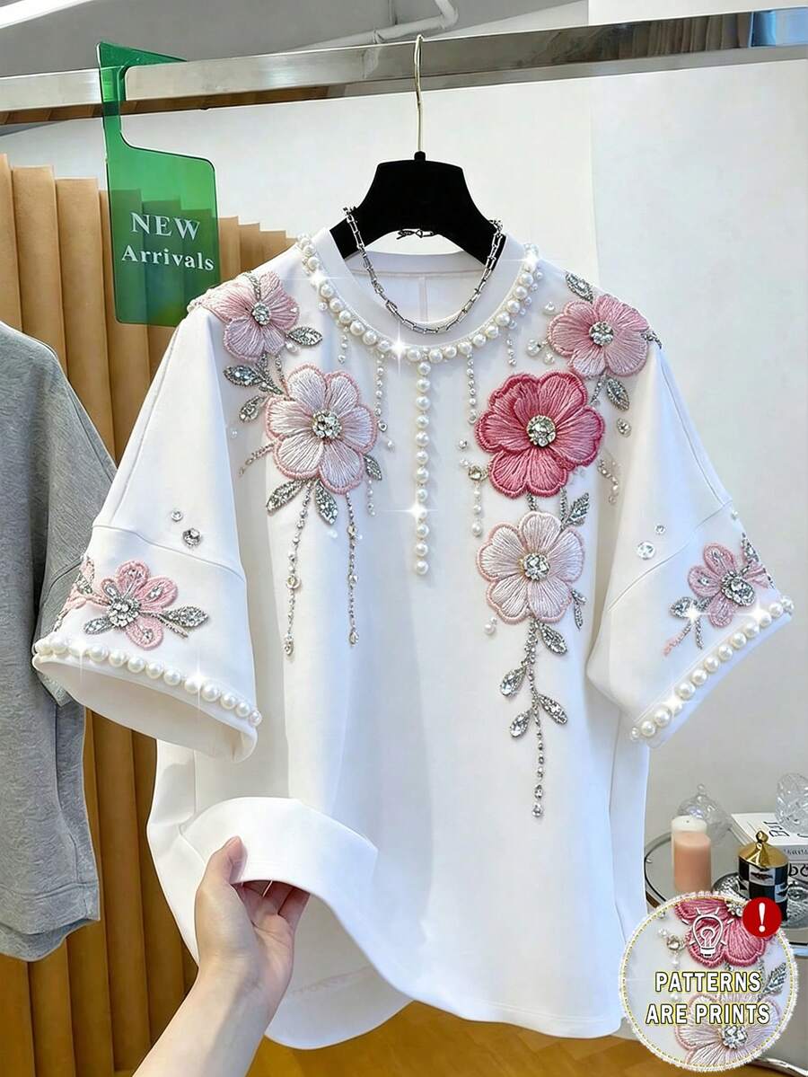 GlowEve 女士花卉珍珠装饰圆领短袖T恤 - 白色 - 查看 1