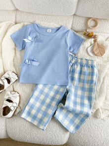 SHEIN Playful Pals 女婴蝴蝶结装饰圆领短袖T恤和格子裤休闲套装 - 淺藍色 - 查看 8
