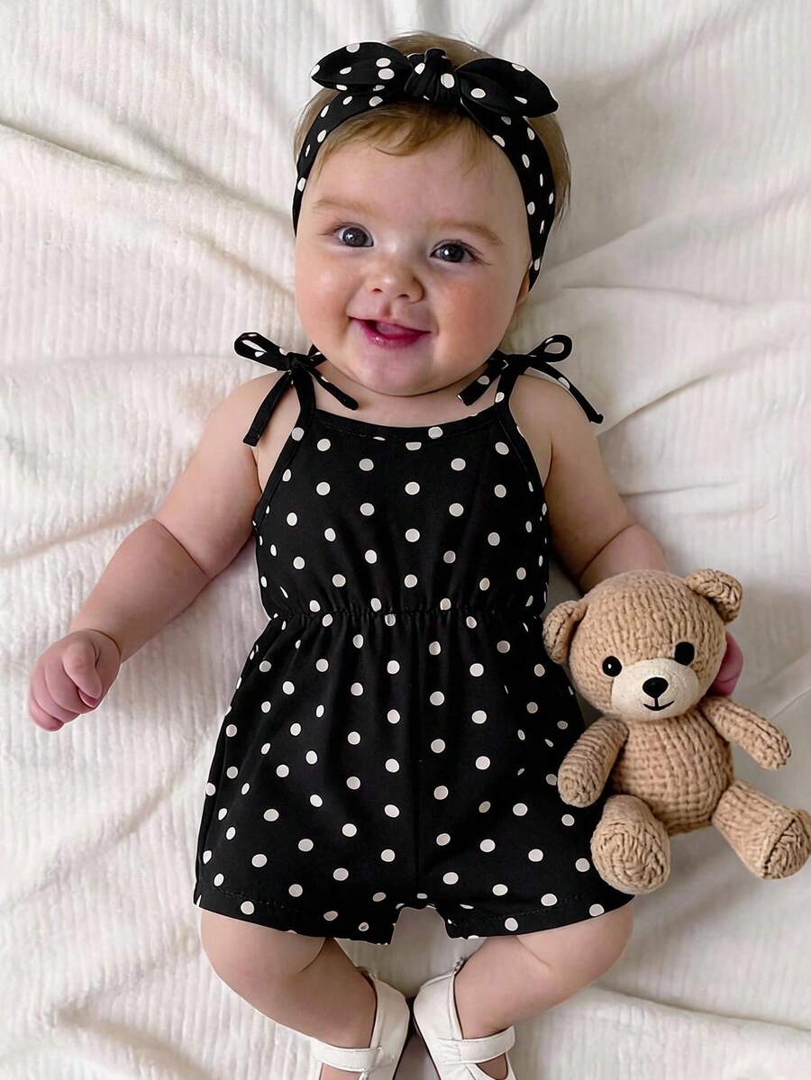 SHEIN Baju Terusan Bayi Perempuan Baru Lahir Lucu Motif Polkadot Kasual Musim Panas dengan Tali Bahu - Hitam - View 1