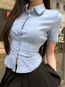 DAZY Women's Casual Preppy Denim Shirt, Light Blue, Short Sleeve, Street Style, Suitable For Spring And Summer Back-To-School Student - Blue - View 9