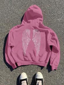 INAWLY Women's Dropped Shoulder Long Sleeve Sweatshirt With Wing Pattern On Back - Dusty Pink - View 3