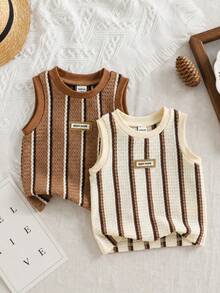 SHEIN Vintaside Kids Baju Bayi Laki-laki Unisex Modis Baru Keren Tampan Motif Waffle Garis-garis Longgar, Cocok Untuk Beraktivitas di Luar Ruangan - Coklat - View 3
