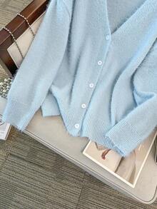 GlowEve CURVE Plus Size Casual V-Neck Long Sleeve Cardigan - Blue - View 7