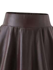 SHEIN Tween女孩純色PU皮革時尚百搭秋季裙 - 咖啡棕 - 查看 9