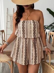 SHEIN VCAY Plus Floral Print Tube Romper Spring Summer Women - Brown - View 3