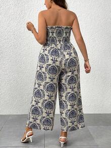 Breezaya Women's Spring/Summer Casual Boho Bohemian Vacation Bandeau Strapless Fitted Wide Leg Jumpsuit Beach Blue And White - Blue - View 2