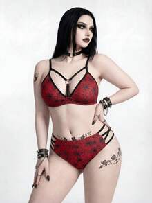 ROMWE Goth 大尺碼女款 2 件式隨機蜘蛛網印花時尚度假日常極簡休閒深 V 領性感高腰三角褲收腹顯瘦哥德風分體比基尼套裝 - 紅色 - 查看 4