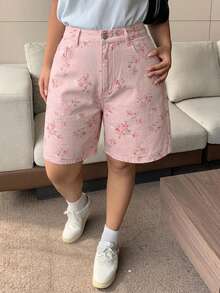 Dazy Plus Dark Wash Blue Butterfly Embroidery Back Pocket Wide Leg Cropped Denim Shorts, Spring/Summer - Pink - View 6