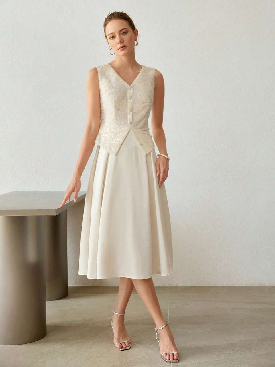 WOMEN'S ELEGANT SOPHISTICATED CONTRAST PANEL MIDI DRESS