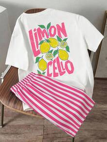 Manfinity Joysei Men's Crew Neck T-Shirt And Striped Pattern Shorts Set - Hot Pink - View 2