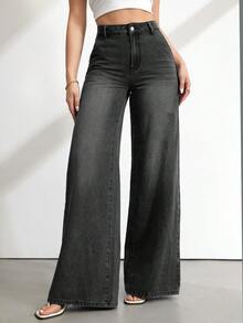 SHEIN Tall 女款高腰純色寬腿牛仔褲，春夏度假休閒街頭風 - 黑色 - 查看 8