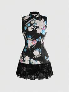 ROMWE Avant 女款迷你洋裝 新中式風格 辣妹蕾絲花卉 春夏 Y2K 休閒復古 花園派對 黑色花卉 - 黑色 - 查看 1
