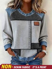 EMERY ROSE Plus Size Women's Casual Fashionable Street Chic Daily Commute Patchwork Print Long Sleeve T-Shirt, Spring/Autumn - Multicolor - View 1