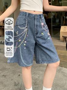 DAZY 女款中腰寬鬆膝長印花牛仔短褲，休閒水洗牛仔短褲，夏季款 - 中等水洗藍 - 查看 1