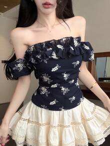 DAZY 夏季辣妹碎花露肩休閒度假婚禮宴會修身優雅短袖女款襯衫海軍藍碎花上衣 - 藏蓝色 - 查看 10