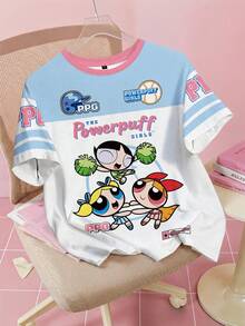 THE POWERPUFF GIRLS X SHEIN 女式休闲花朵、泡泡、毛茛图案拼色圆领短袖 T 恤，夏季 - 白色 - 查看 1