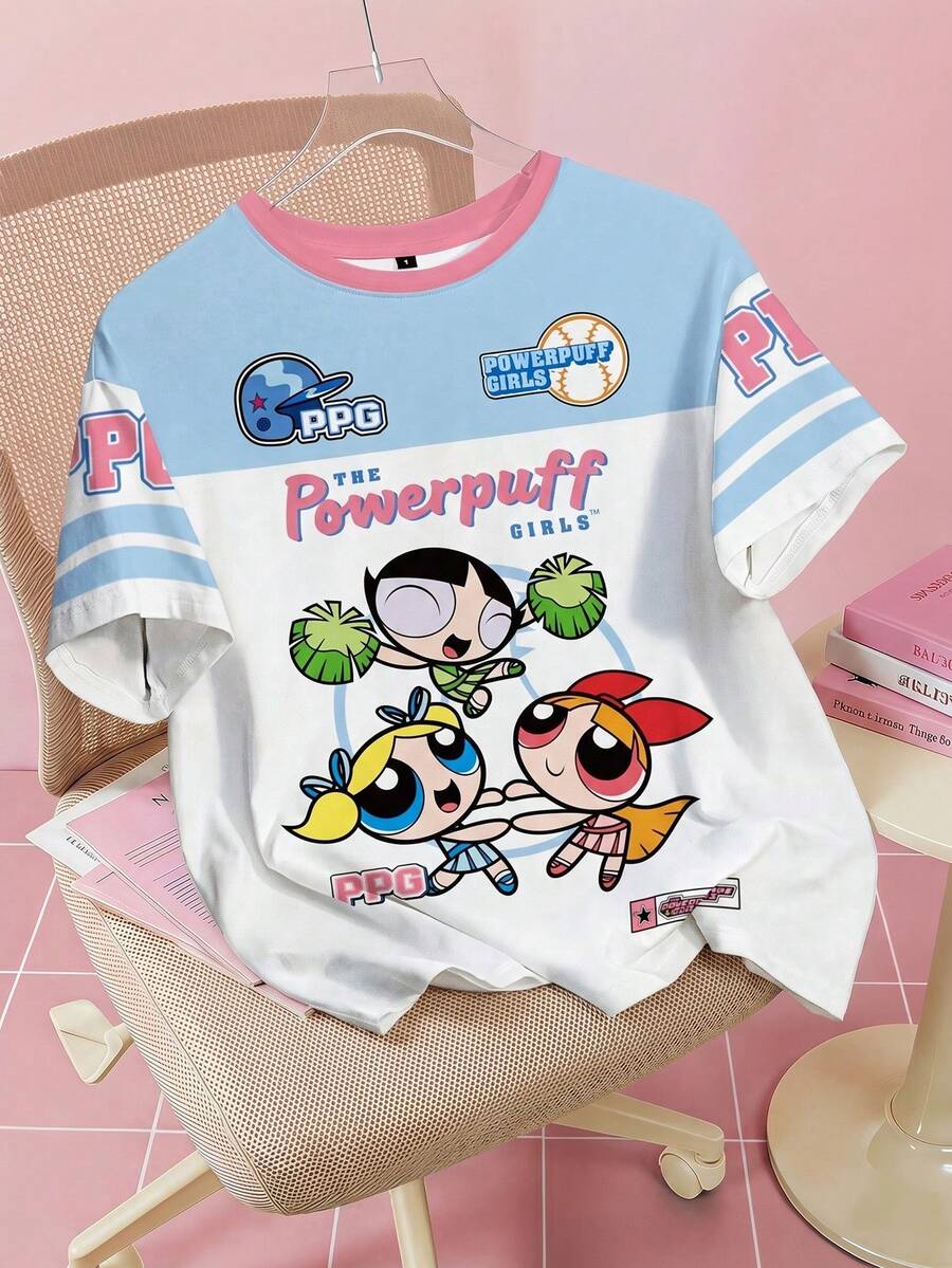 THE POWERPUFF GIRLS X SHEIN 女式休闲花朵、泡泡、毛茛图案拼色圆领短袖 T 恤，夏季 - 白色 - 查看 1